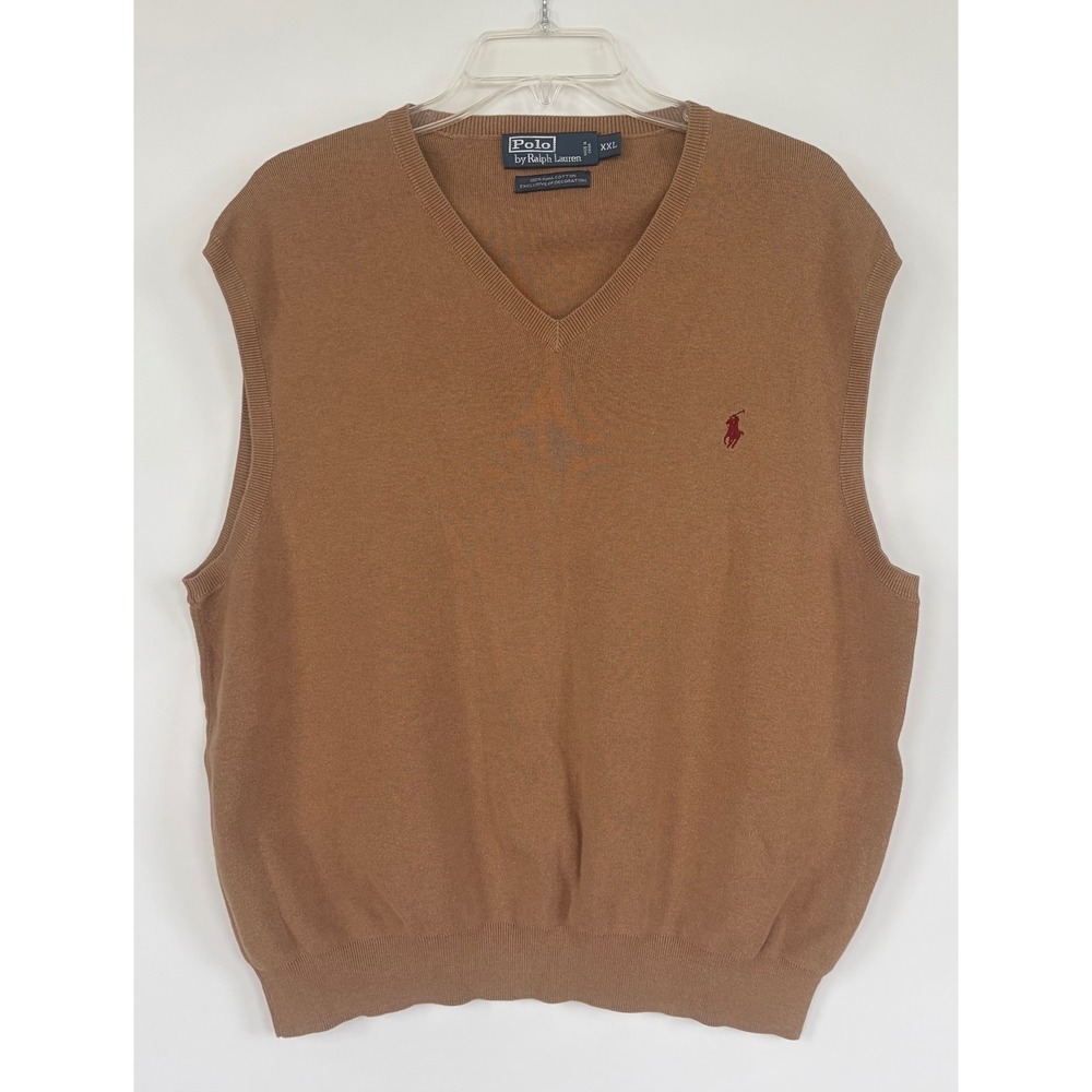Polo Ralph Lauren Mens XXL Tan Pima Cotton V Neck Sweater Vest Burgundy Pony